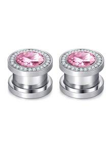 CIZME 2pcs 6-12mm Ear Gauges Stainless Steel Hollow White Pink Zirconia Ear Tunnels Earrings Guages Piercing Plugs Stretcher Gauges For Women Men - Silver - View 9