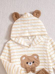 مجموعة بنطلون وهوديي بنقشة الدب الصغير والخطوط الطويلة للأولاد، قطعتان، ملابس يومية عادية للأولاد الصغار