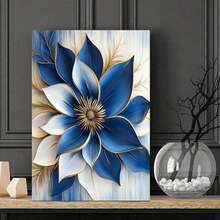 1pc 30*40cm(12*16inch) Piece Of Elegant Abstract Blue And Gold Flower Wall Mural, Wooden Frame Canvas - Long Petals Decoration For Living Room, Home, Christmas, Birthday, Bachelor Party, Graduation, Back To School - X- Packed Canvas - White - View 2