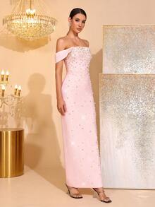 New Sexy Yellow Heavily Embellished Pearl & Rhinestone Off-Shoulder Bandage Maxi Dress, Elegant Women's Birthday Party, Wedding Guest, Formal Dinner, Christmas Party Gown - Pink - View 7