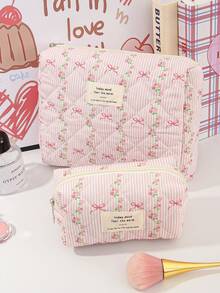 1Pc/Set Sweet Pink Striped Bowknot Pattern Wash And Cosmetic Bag Set,Portable Large Capacity Travel Organizer Toiletry Bag Makeup Bag Skincare Bag - Multicolor - View 6