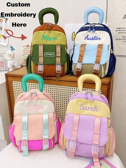 Custom Embroidered Mini Colorblock Backpack For Girls, Cute And Stylish Lightweight Small Daypack, Fashionable Double Strap Shoulder Bag For Daily Use, Travel, Or Storage,Multi-Functional,Ornamental,Letter,Stylish,Modern,Colorful,Cute,Adorable,Casual,Custom,Personalised,Unique,Customized,Ideal Gifts For Him,Ideal Gifts For Her,Kids,Urban Gala,Travel, School,Christmas Gift
