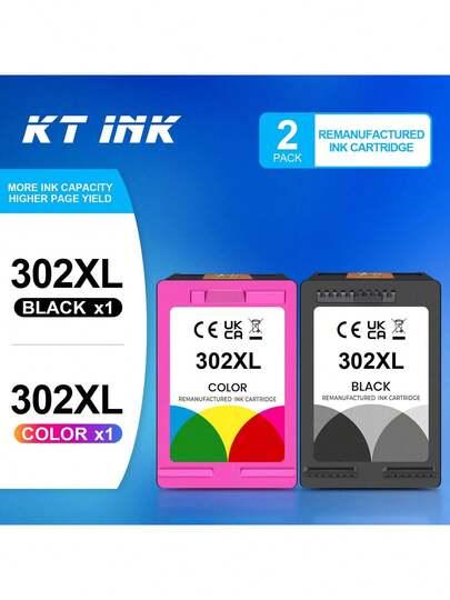 KT INK KT INK Hochleistungs-302XL Wiederaufbereitete Tintenpatronen kompatibel mit 302 302XL, kompatibel mit Deskjet 1110 2130 2134 3630 3632 3634, Envy 4520 4521 4522 4523 4524, Officejet 3830 3834 4650 4651 4652