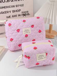 Strawberry Pattern Cosmetic Bag Large Capacity Make Up Bag Fashionable Strawberry Striped Makeup Bag Cute Quilted Floral Cosmetic Pouch Toiletry Bag - Multicolor - View 6