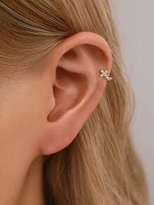 1只925纯银镶嵌十字形耳夹耳环，金色花朵星空耳夹耳环，适合女性日常佩戴（单只出售，非一对） - 滿鑽十字架耳圈 - 查看 7