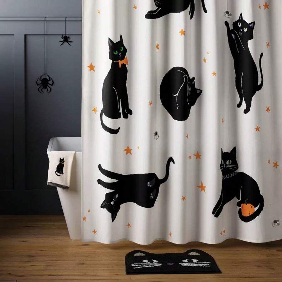 Halloween Black Cats Glow In The Dark Shower Curtain White