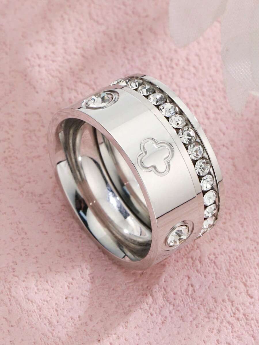 2 件奢华精致不锈钢全锆石戒指时尚浪漫四叶草情侣戒指结婚周年纪念礼物 - 銀色 - 查看 1