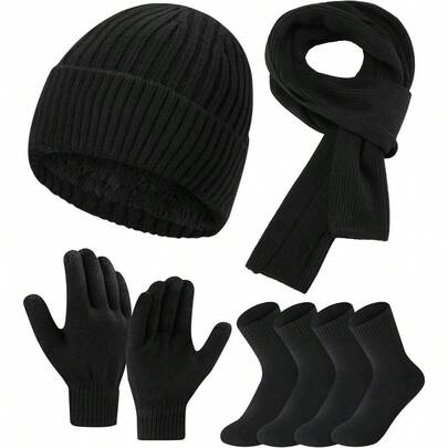 Winter Beanie Hat Gloves Scarf Set For Men Warm Fleece Knitted Hat Scarf Touchscreen Gloves And Wool Socks0928