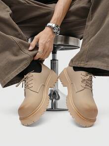 Zapatos Derby de punta redonda estilo retro británico para hombres, suela gruesa elevadora, botas de trabajo de alta gama y de caña baja