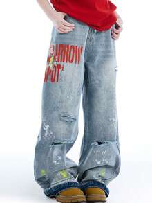 American Fashion Retro Washed Embroidered Ripped Jeans For Men And Women, Loose And Versatile Wide Leg Pants