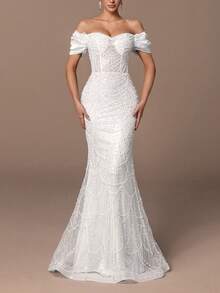 女士奢华露肩亮片珠饰美人鱼礼服，后系带，几何图案 - 非常适合婚礼、红毯活动、晚宴和颁奖典礼 - 白色 - 查看 3