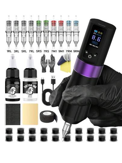 DQFART Kabelloses Tattoo-Pistolen-Set, ausgestattet mit 1800mAh Stromversorgung, LED-Digitalanzeige, einstellbarem Modus, All-in-One Tattoo-Maschinen-Stift, komplettes Tattoo-Set, inklusive 20ml schwarze Tattoo-Tinte, 20ml weiße Tattoo-Tinte, 10 Tattoo-Nadeln, eine Vielzahl an Tattoo-Zubehör, geeignet für Anfänger
