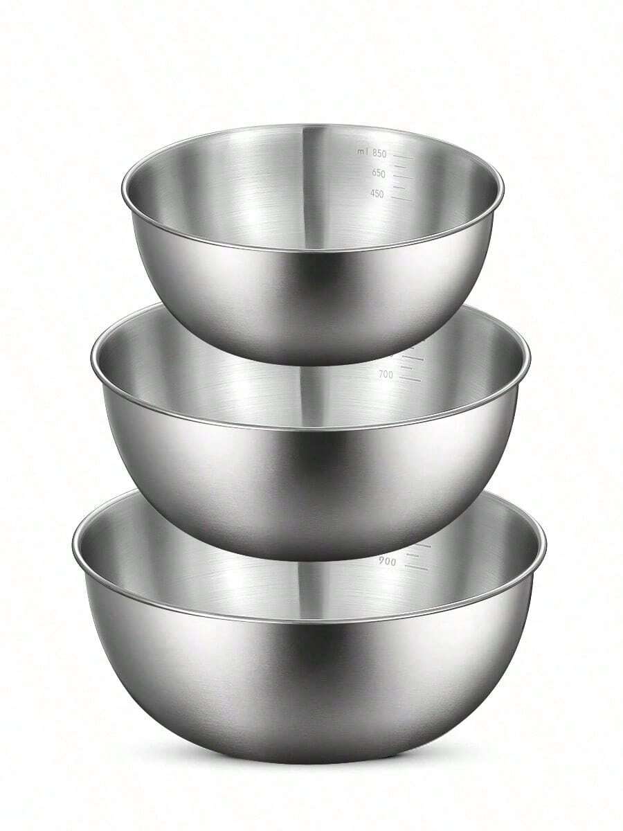 Powcan Stainless Steel Mixing Bowl Set, 3-Piece Nesting Bowls For Cooking, Baking, Salad, And Meal Prep | Stackable Design, Easy To Clean, Durable And Versatile For Kitchen Use - Silver-3-piece Set - View 1