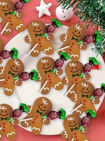 50/100PCS Christmas Cute Gingerbread Man Lollipop Decoration Cards, Christmas Party Decoration Lollipop Paper Card, DIY Decoration Card, Paper Card, Christmas Party Decoration (Lollipop Not Included)