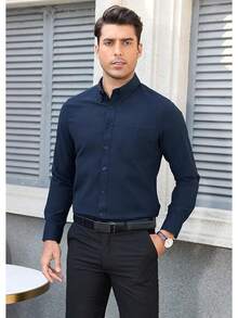 Men's Classic Oxford Shirt Solid Long Sleeve Button Down Casual Woven Shirts With Pockethalloween - 深藍色 - 查看 4