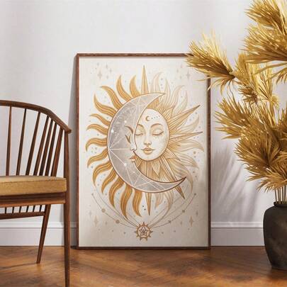 1pc Canvas Wall Painting Of The Face Of The Sun And The Moon, Posters Of Celestial Lovers, Printed Matter Of Spiritual Line Art, Energy Decoration Of Cosmic Women, Art Of Bohemian Astrology, Ramadan Festival, Canvas Wall Art, Funky Girl Art, Inspirational Quote Art, Home Decor, Canvas Hanging,
