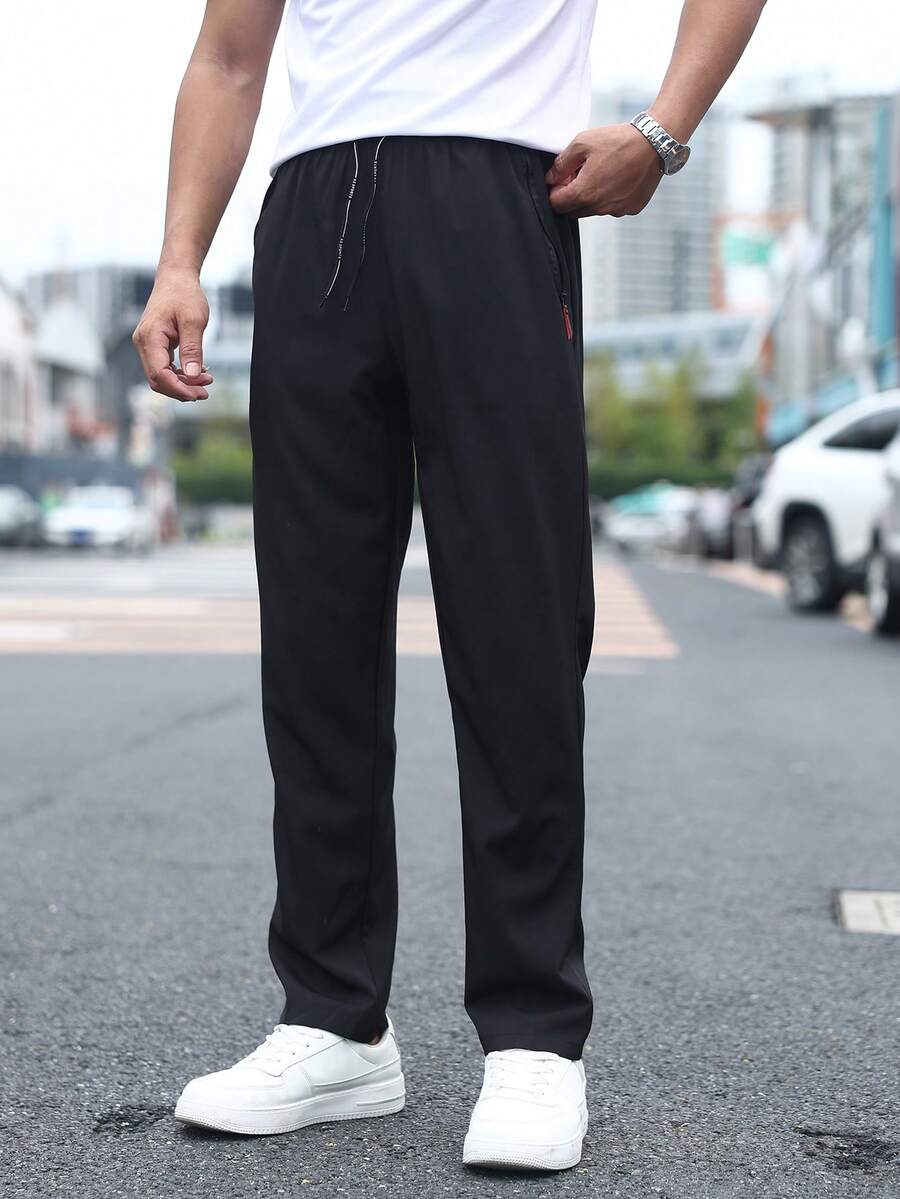男士运动裤速干裤新款梭织运动直筒速干透气裤运动训练裤带拉链口袋跑步裤 - 黑色 - 查看 1