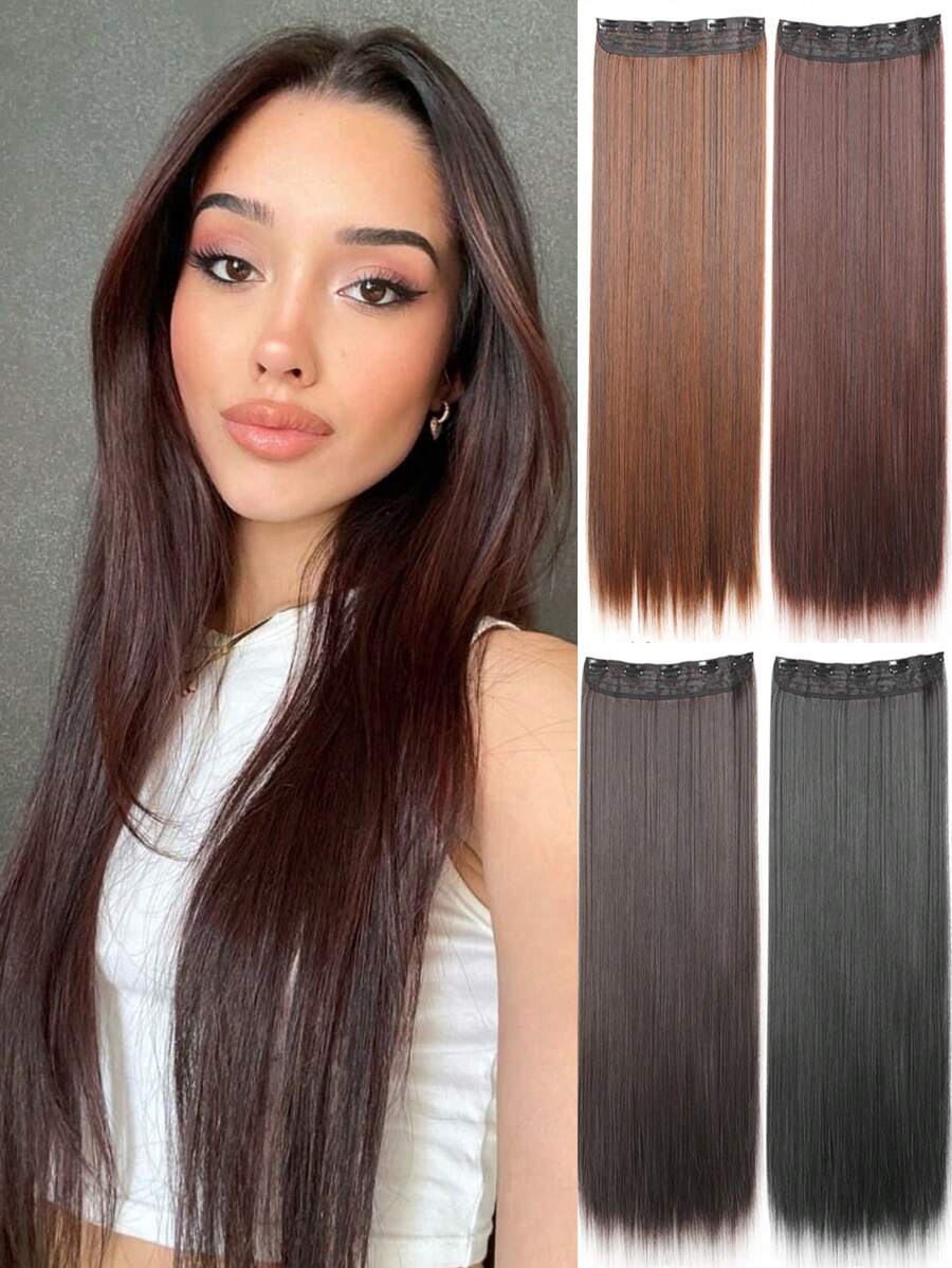 20/24/28 英寸长直发 5 夹一体式隐形假发夹式接发黑棕色合成耐热天然假发女士 1 件