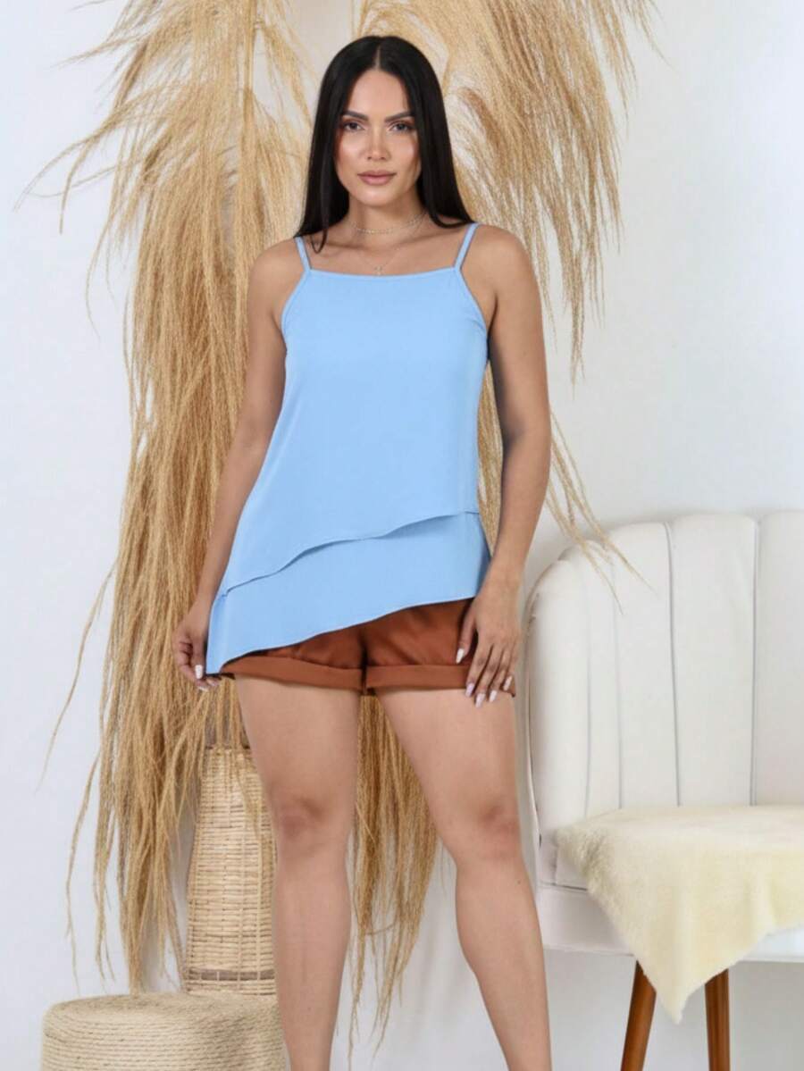 Elegant Versatile Asymmetrical Tank Top Blouse, Formal And Evening Wear, Spring/Summer - Màu xanh nhạt - Xem 1