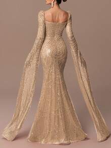 Vestido de Festa Sereia de Luxo Feminino com Decote Princesa, Mangas Sino Transparentes, Enfeites de Lantejoulas e Contas - Perfeito para Casamentos, Jantares à Noite, Eventos de Tapete Vermelho e Cerimônias de Premiação, Looks Combinados de Natal - Champanhe - Visão 2