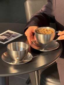 1pc Retro American Style 304 Stainless Steel Coffee Cup & Saucer Set, European Industrial Metal Cup For Latte, Afternoon Tea