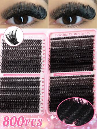 800片DD卷翘假睫毛，DIY睫毛嫁接混合款式，打造不同眼妆，800簇睫毛大容量，浓密蓬松自然，适合新手和专业人士使用，大容量假睫毛盒方便旅行、户外活动，自然纤长单根睫毛，羽毛般轻盈。