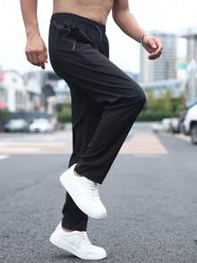 男士运动裤速干裤新款梭织运动直筒速干透气裤运动训练裤带拉链口袋跑步裤 - 黑色 - 查看 6
