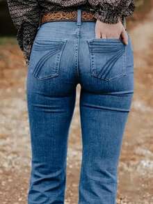 Women's Personalized Back Pocket Embroidery Design Flared Stretch Jeans - Dark Blue Embroidery - View 4