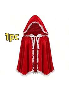 Red & Burgundy Halloween Velvet Cloak, Short Ruched Lace Trim Hooded Cape