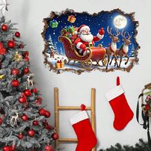 قطعة واحدة من ملصق الحائط الزخرفي لعيد الميلاد بصورة سانتا كلوز والرنة، ملصق بتأثير جدار مكسور، ملصق لاصق من البي في سي لديكور العطلات، منظر شتوي مذهل لمنظر الثلج، ديكور منزلي مناسب لغرفة المعيشة والنوم والمتجر