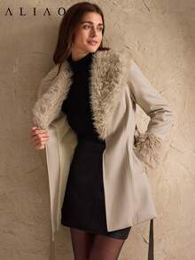 Áo khoác Aliao thắt eo, cổ lông giả, phối da, ấm áp, áo khoác mùa đông, trang phục mùa đông dành cho nữ, váy thanh lịch, cần thiết cho mùa cưới, phù hợp cho các bữa tối trang trọng, họp mặt gia đình, sự kiện tựu trường, phong cách cung đình. - Màu be - Xem 6