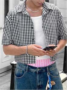 Men's Plaid Shirts Gingham Short Sleeve Button Down Crop Tee Topshalloween - Đã kiểm tra màu xanh - Xem 4