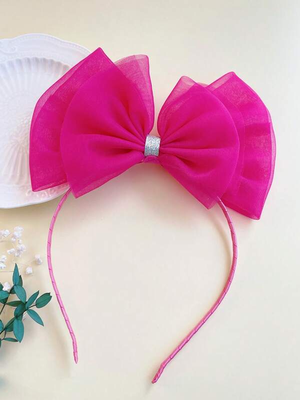 1pc Fuchsia Mesh Bow Headband For Girls, Suitable For Party, Holiday, Daily Decoration
