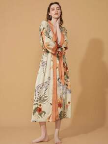 Oversized Retro Leopard Print Mid-Length Kimono Cover Up Jacket, Casual Street Style Beach Cover-Up, Summer Personalized Beachwear Swimsuit Coverup Vacation - Màu be - Xem 4