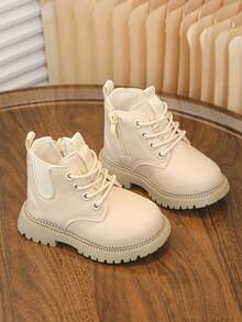 1 双女童 2025 新款厚底英伦风时尚保暖百搭踝靴，适合冬季 - 米色 - 查看 10