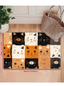 Tapete de banheiro antiderrapante com estampa de gato fofo, lavável à máquina, tecido de malha, forro de TPR, poliéster, adequado para banheiro, quarto, cozinha, entrada - uso interno e externo