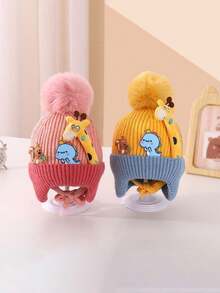 儿童羊毛覆盖婴儿厚毛线帽，保暖。冬季针织婴儿帽，帽子上有卡通刺绣 - 彩色 - 查看 8