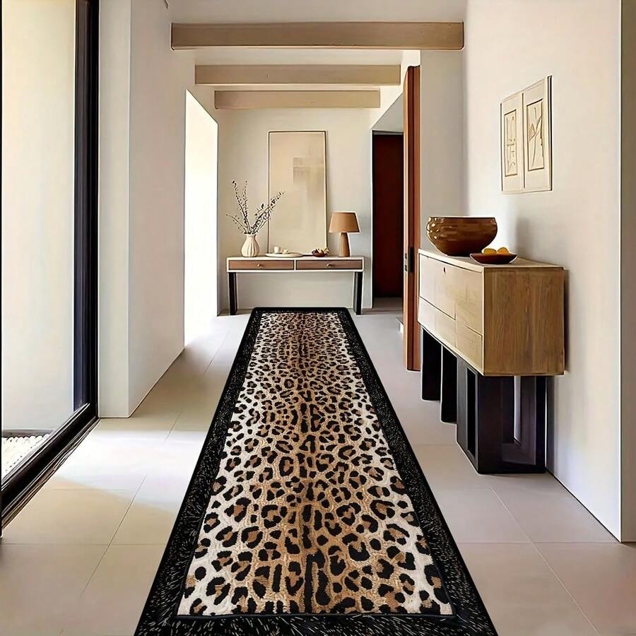 1 pieza Alfombra de peluche con estampado de leopardo, elegante alfombra de área con patrón, felpudo de entrada de villa, alfombra larga para pasillo del hogar, alfombra de lavandería lavable a máquina, decoración navideña, alfombra de cocina