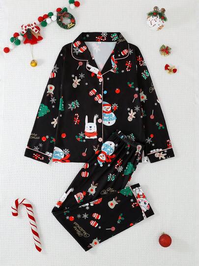 Set de 2 piezas de pijama informal para niñas y adolescentes con estampado de Papá Noel, muñeco de nieve y cachorro, con cardigan de manga larga y pantalones, retardante de llamas, apto para todas las estaciones y Navidad