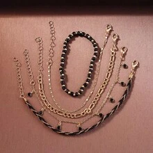 4pcs Black Thin Chain Bracelet Set, Zinc Alloy Hiphop Style Bracelet Set For Women