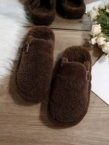女式冬季毛绒内衬圆头一脚蹬休闲平底鞋，时尚百搭舒适软底乐福鞋 - 咖啡棕 - 查看 4