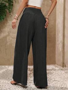 Women's Casual High Waist Wide Leg Pants, Solid Color, Soft Fabric, Elastic Waistband - màu đen - Xem 2