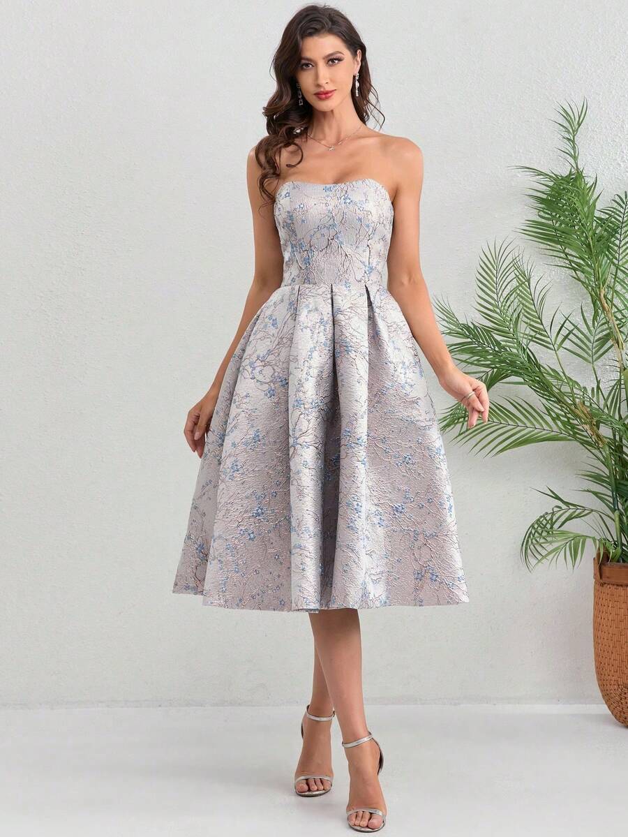 Váy cocktail midi hở lưng bằng vải satin không tay thanh lịch dành cho nữ với họa tiết hoa, váy dạ hội hở lưng có túi - Màu xanh nhạt - Xem 1