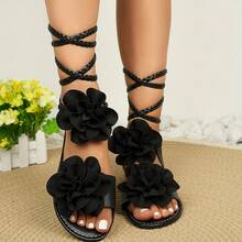 Sandálias rasteiras romanas femininas, modernas e confortáveis, com decoração floral 3D.