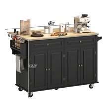 Rolling Kitchen Island With Drop Leaf – Movable Kitchen Carts On Wheels Island With Storage Cabinet, Island Table For Kitchen With Rubber Wood Top And Rack And Drawers - 黑色 - 查看 10