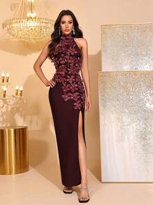 新款时尚3D立体花卉性感立领无袖镂空露背高开衩绷带长裙，优雅女士正式晚礼服、婚礼宾客、节日派对之选 - 咖啡棕 - 查看 3