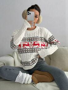 Plus Size Women's Christmas Casual Reindeer & Geometric Animal Pattern Sweater