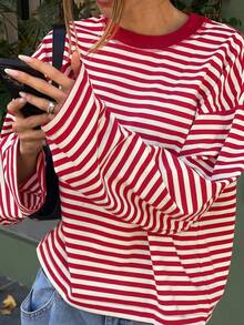 Casual Commute Daily Drop Shoulder Loose Striped Top - Red and White - View 3