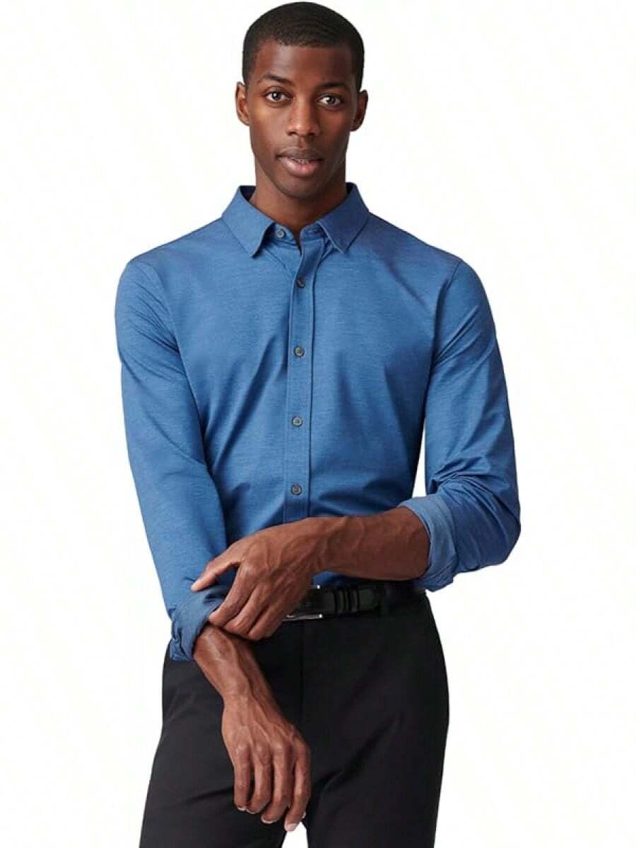 Men's Commuter Shirt, Performance Dress Shirts For Men, Machine Washable, Wrinkle Resistant, Slim Fit Button Down Shirthalloween - Medium Blue Oxford - View 1