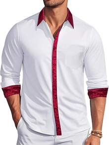 Mens Satin Silk Shirts Long Sleeve Designer Dress Shirt Shiny Untucked Casual Button Down Shirt Party Disco Formalhalloween - 白色和勃根地酒紅色 - 查看 1